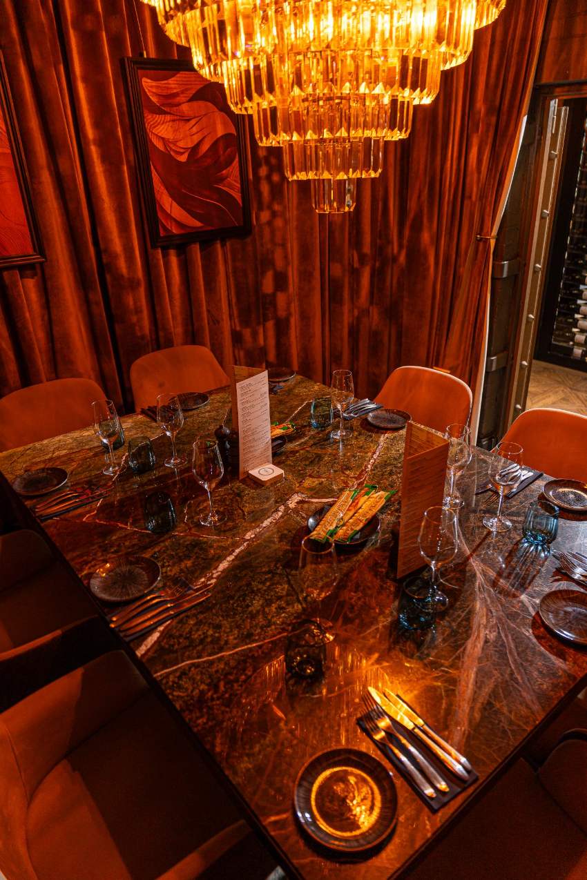 Table set beneath the chandelier